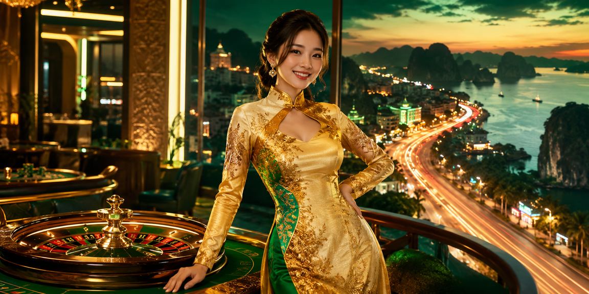 Người mặc áo dài chơi roulette tại Hạ Long Bay với khung cảnh vịnh biển